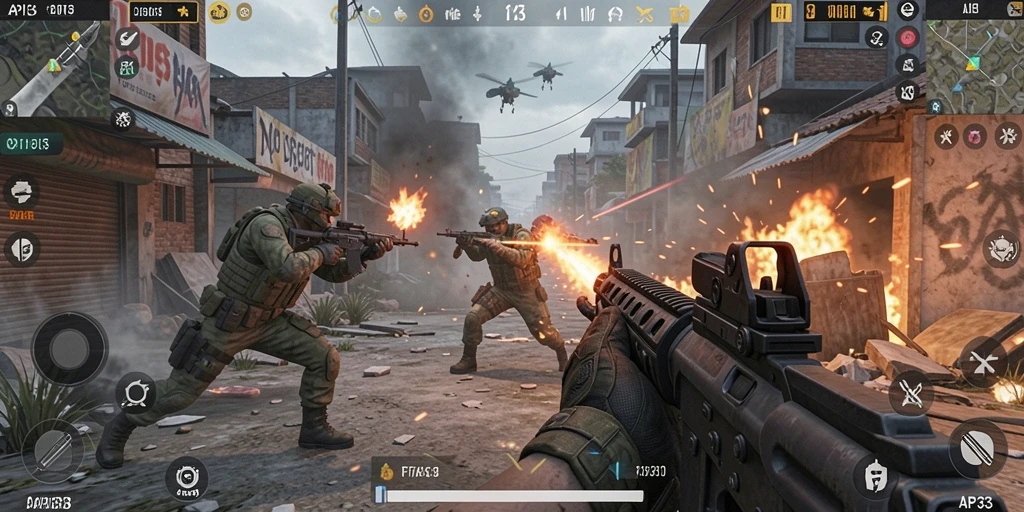 Gameplay API33 yang intens dengan aksi tembak-menembak seru.