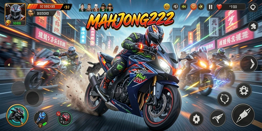 Screenshot MAHJONG222 menampilkan aksi balapan motor yang memukau.